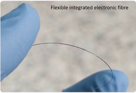 Flexible integrated electronic fibre held between gloved fingers